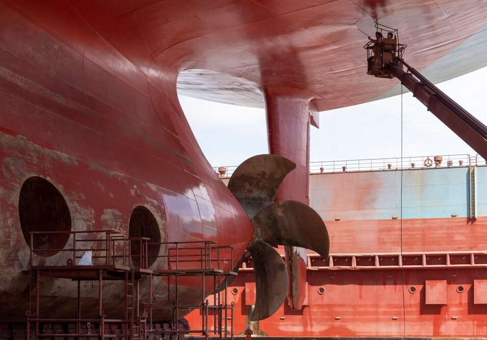 View,On,The,Container,Ship,Propeller.,Ship,Is,Inside,A